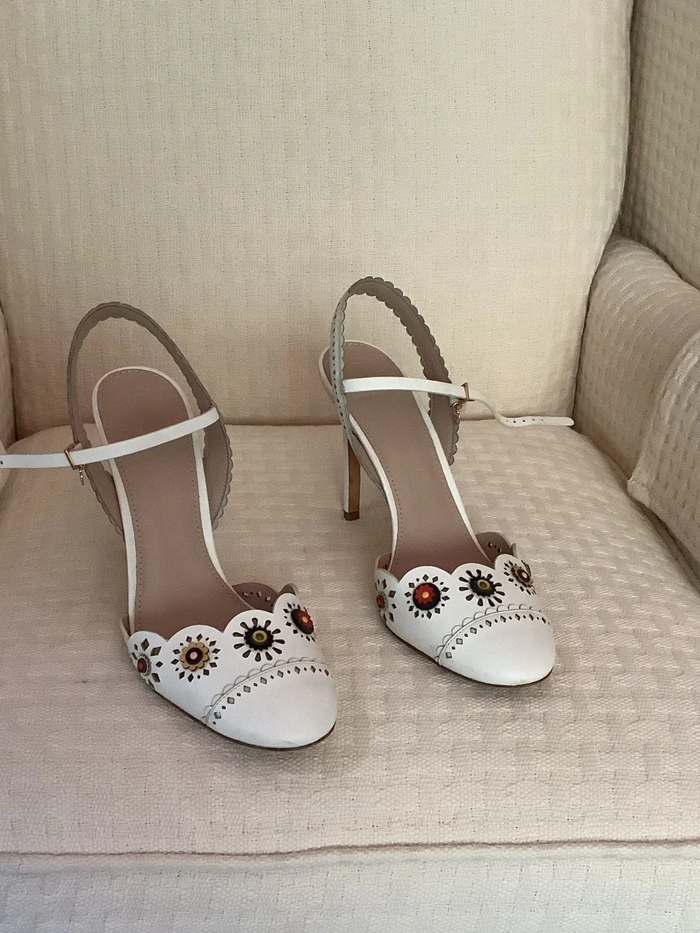 Tory Burch White Floral Cutout Slingback Heels with Multicolor Flower Accents